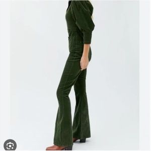 Weworewhat Hunter Green Corduroy Zip Up Jumpsuit with Puffy Sleeves